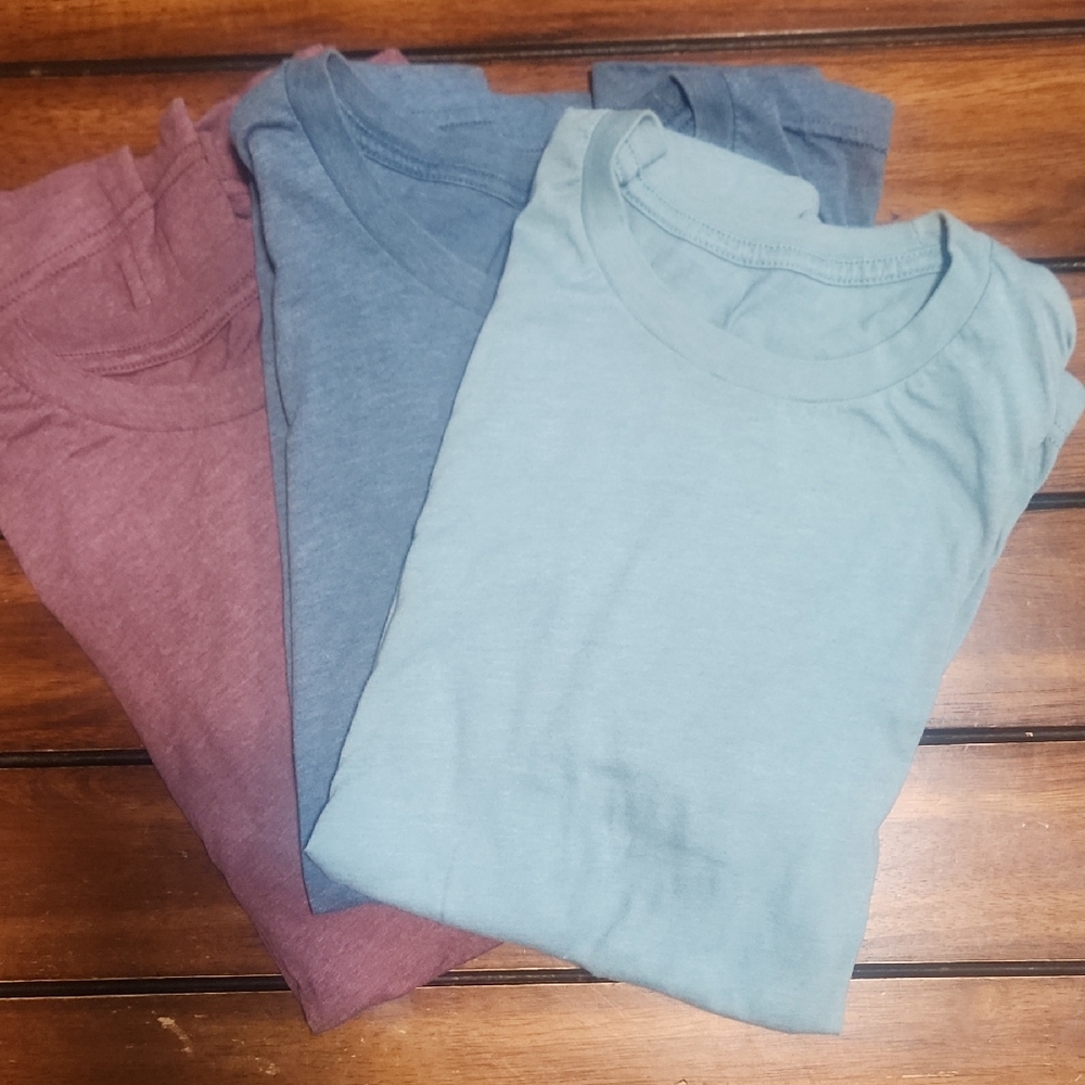 Set of Three T-Shirts in Blue, Burgundy, and mint Green
